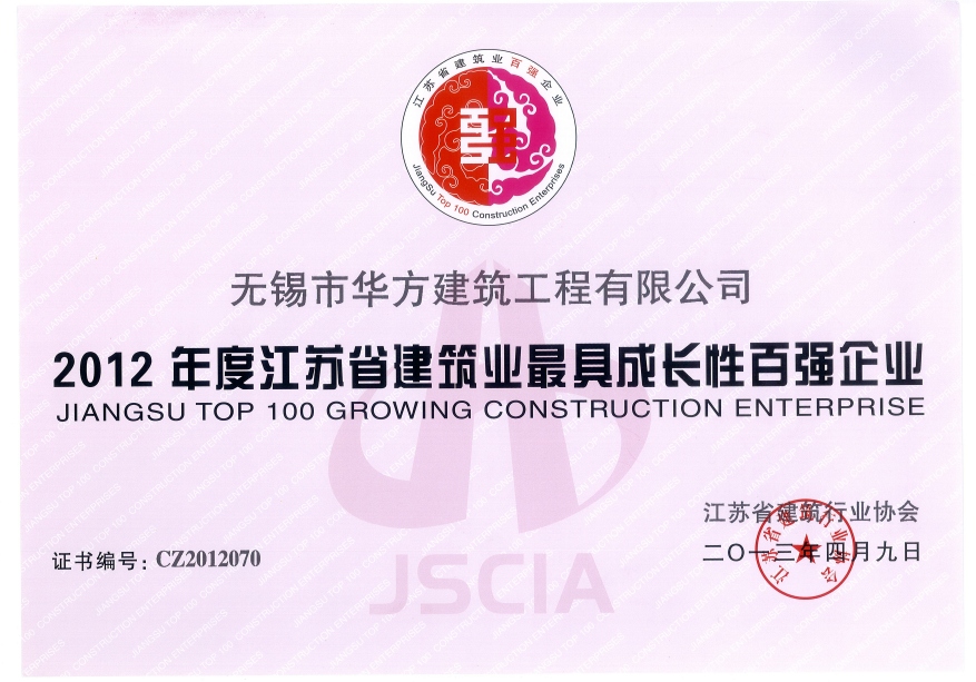 2012年度江蘇省建筑業(yè)最具成長(zhǎng)性百強(qiáng)企業(yè)
